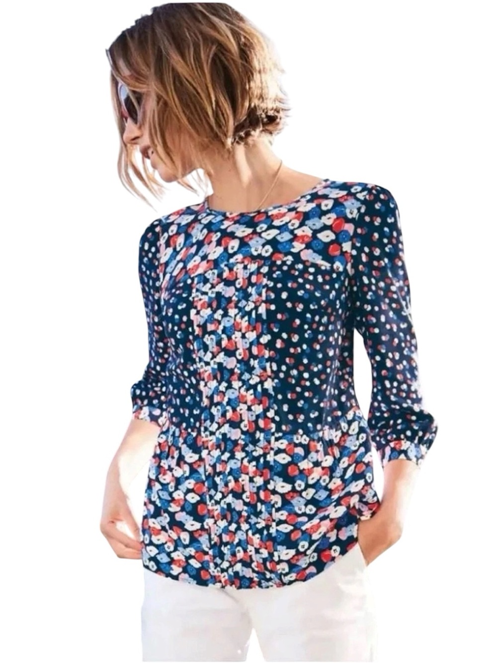 Boden Hopscotch Pintuck Front Blue Red Floral Print Preppy Blouse 3/4 Sleeve 10